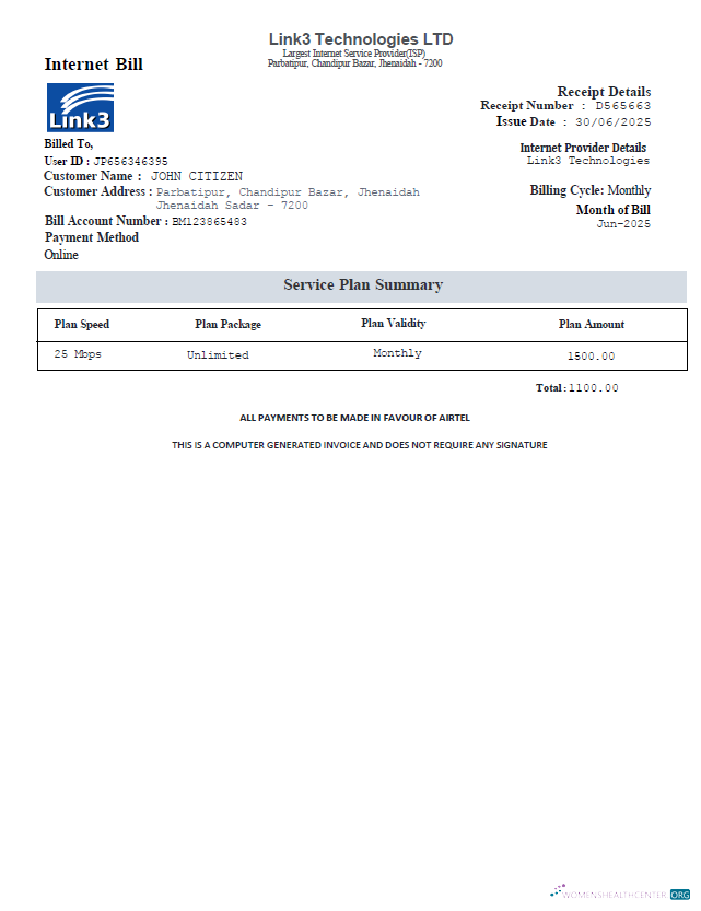 download Bangladesh Link3 Technologies LTD utlity bill template in Word and PDF formats PDF template